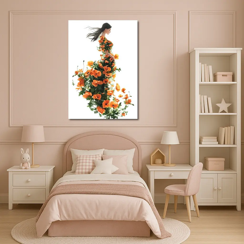 Woman Silhouette Orange Poppy Floral Dress – Wall Art