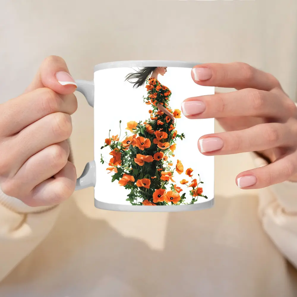 Woman Silhouette Orange Poppy Floral Dress – Mugs