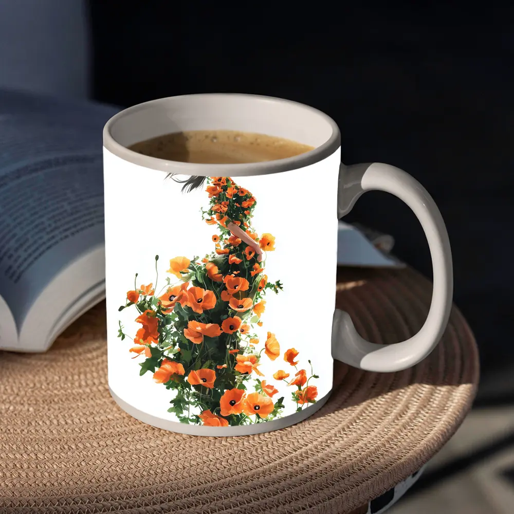 Woman Silhouette Orange Poppy Floral Dress – Mugs