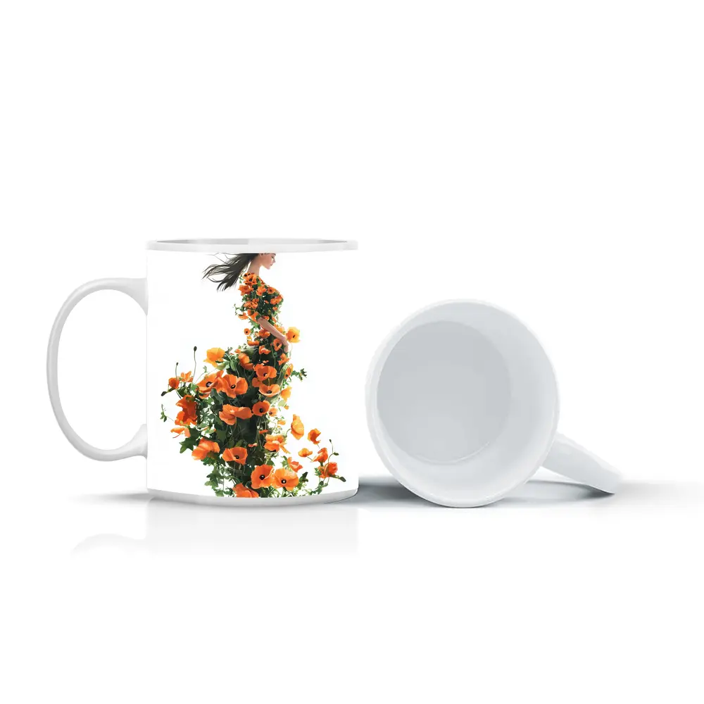 Woman Silhouette Orange Poppy Floral Dress – Mugs