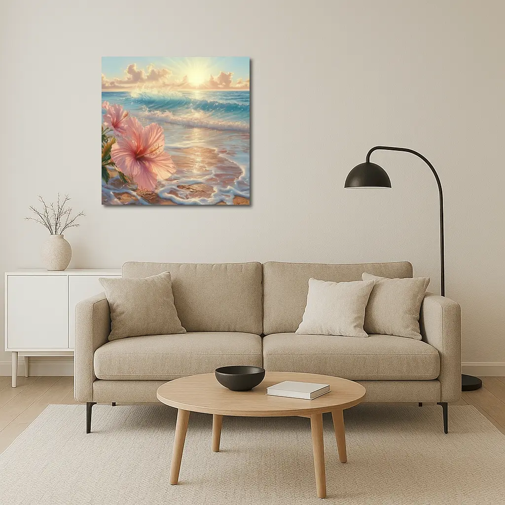 Pink Hibiscus Flower Tropical Beach Sunrise – Wall Art