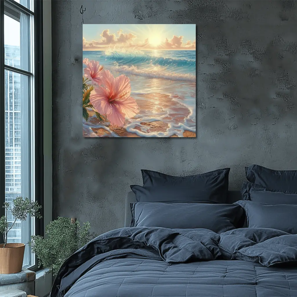Pink Hibiscus Flower Tropical Beach Sunrise – Wall Art