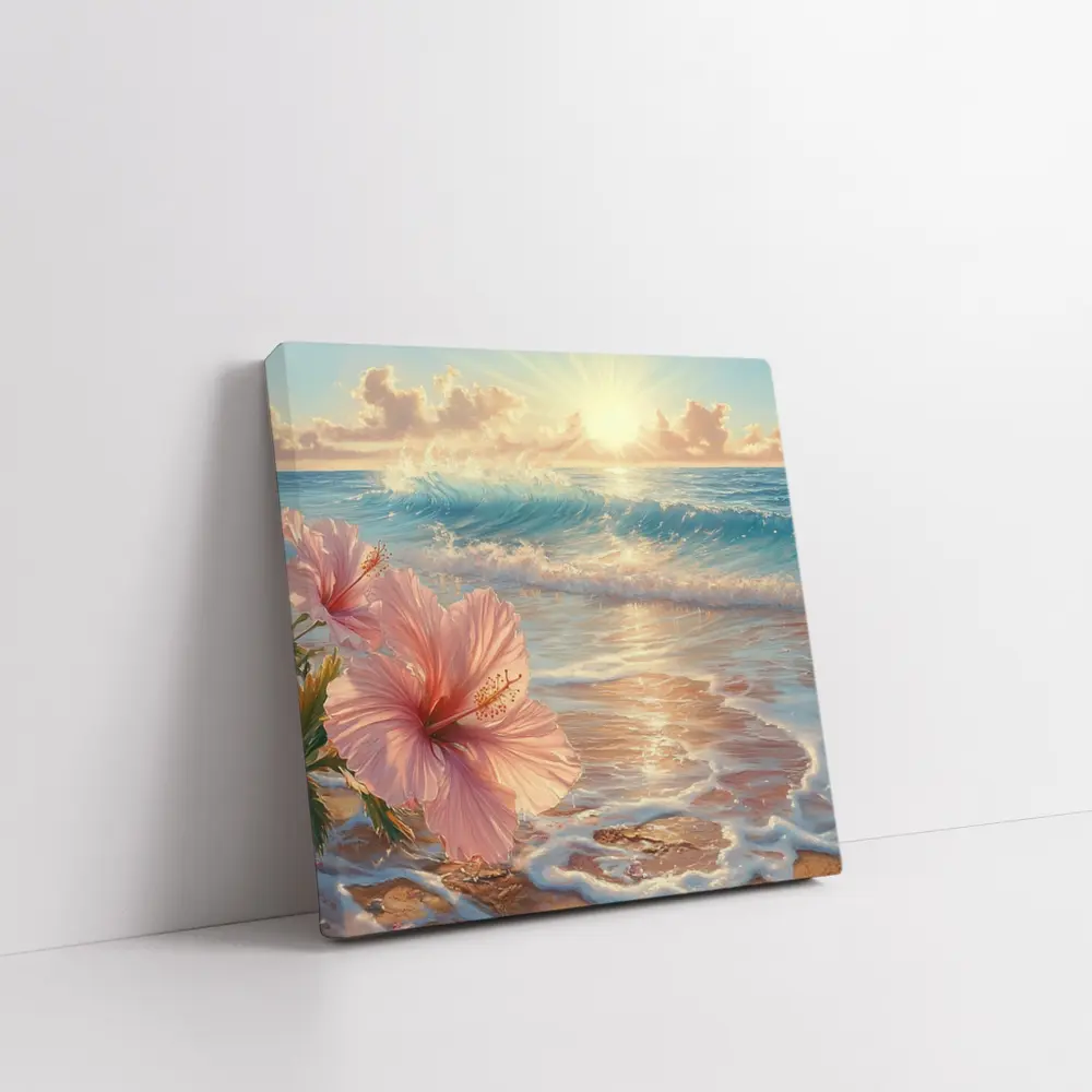 Pink Hibiscus Flower Tropical Beach Sunrise – Wall Art