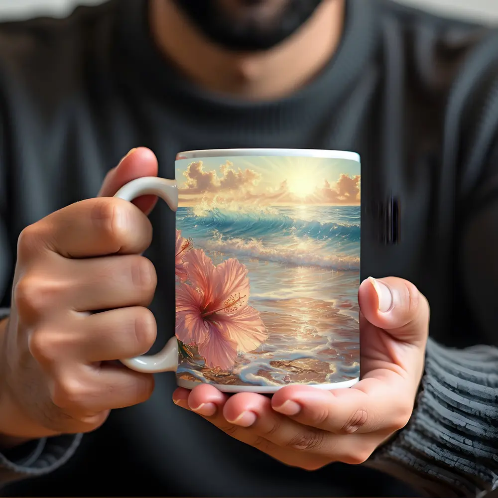 Pink Hibiscus Flower Tropical Beach Sunrise – Mugs