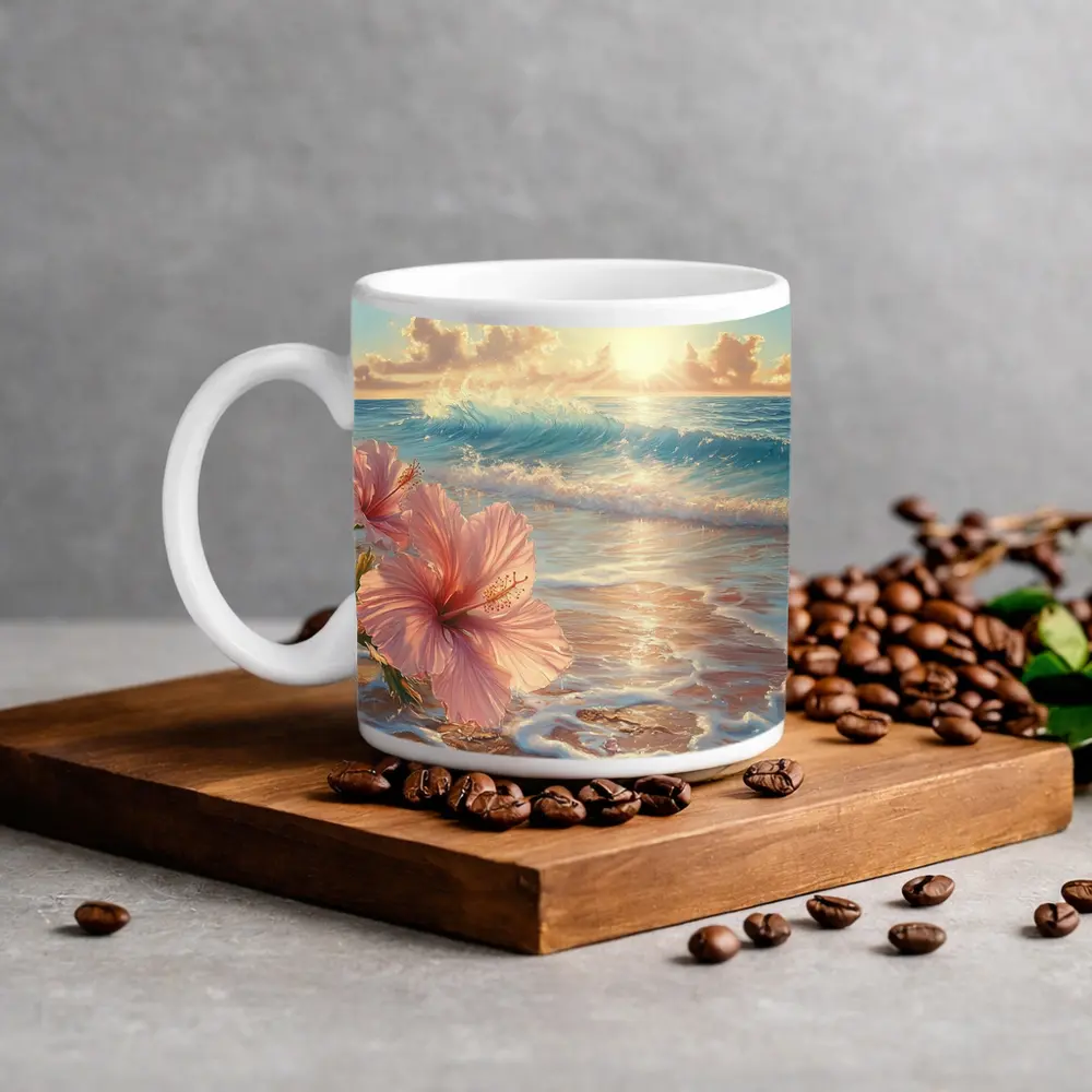 Pink Hibiscus Flower Tropical Beach Sunrise – Mugs