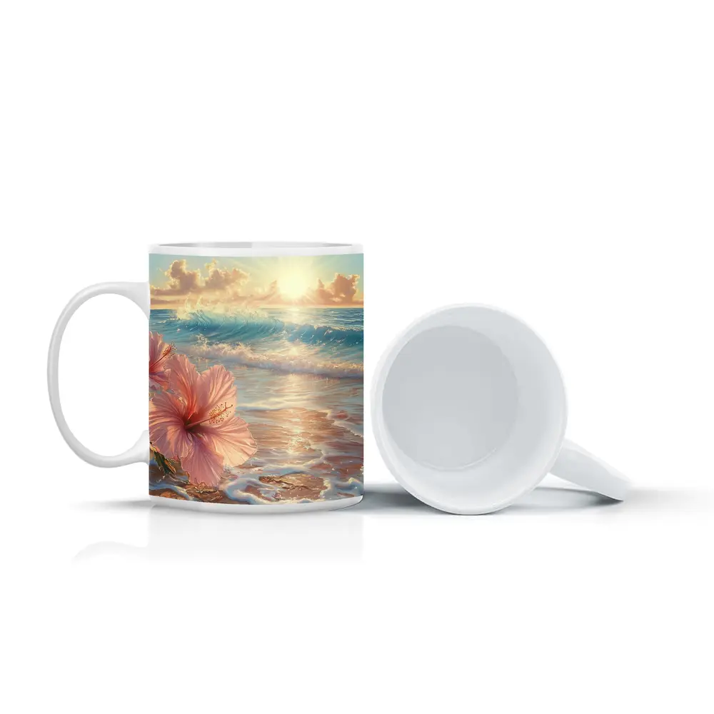 Pink Hibiscus Flower Tropical Beach Sunrise – Mugs