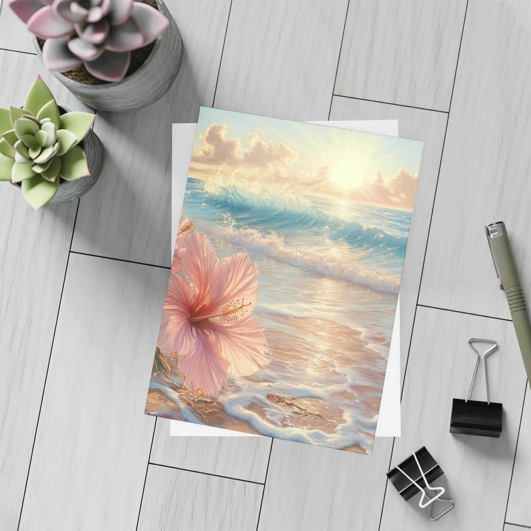 Pink Hibiscus Flower Tropical Beach Sunrise – Postcards