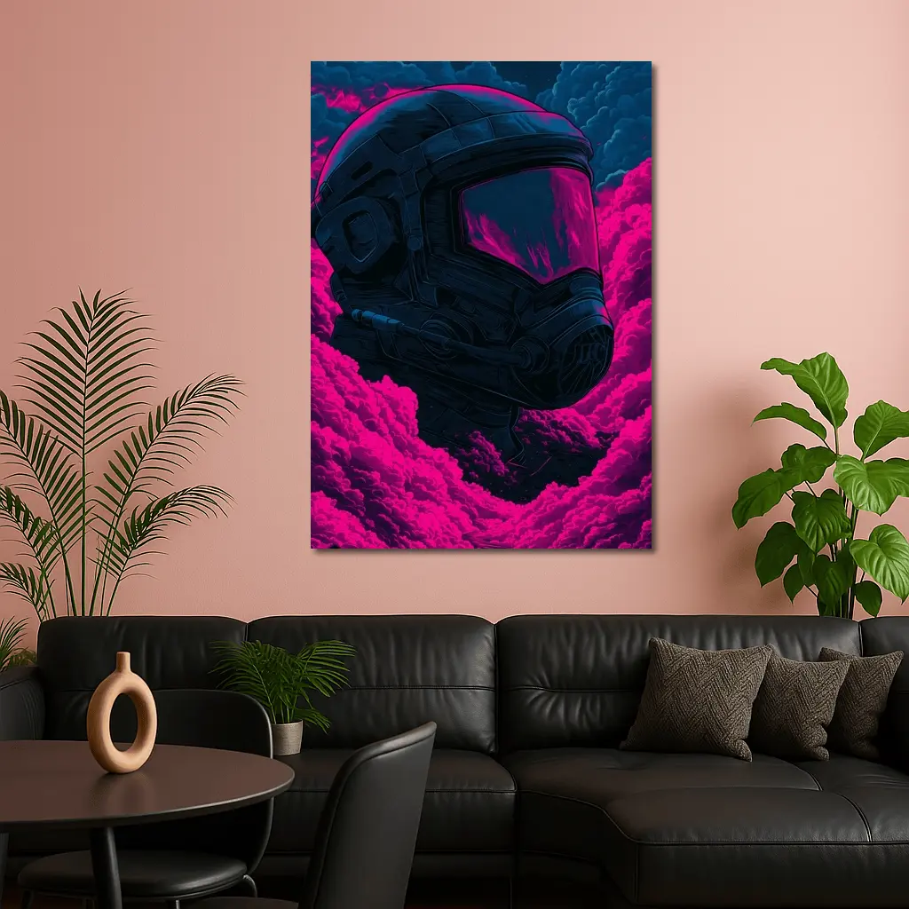 Astronaut Helmet Pink Neon Dark Clouds – Wall Art
