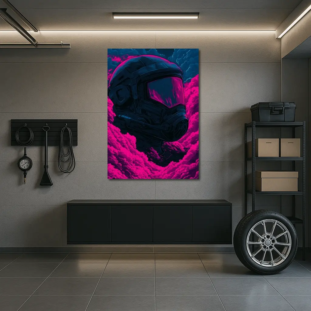 Astronaut Helmet Pink Neon Dark Clouds – Wall Art