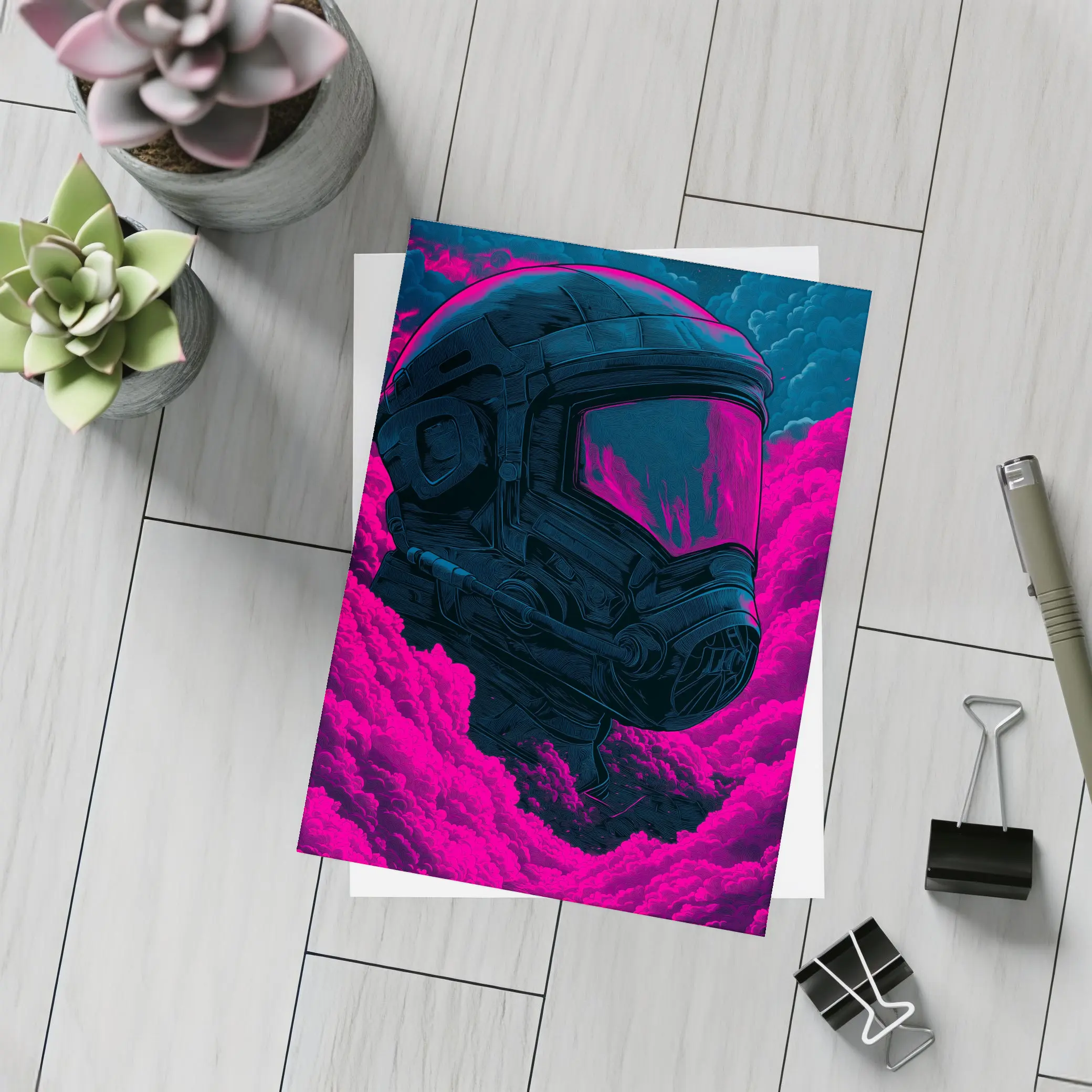 Astronaut Helmet Pink Neon Dark Clouds – Postcards