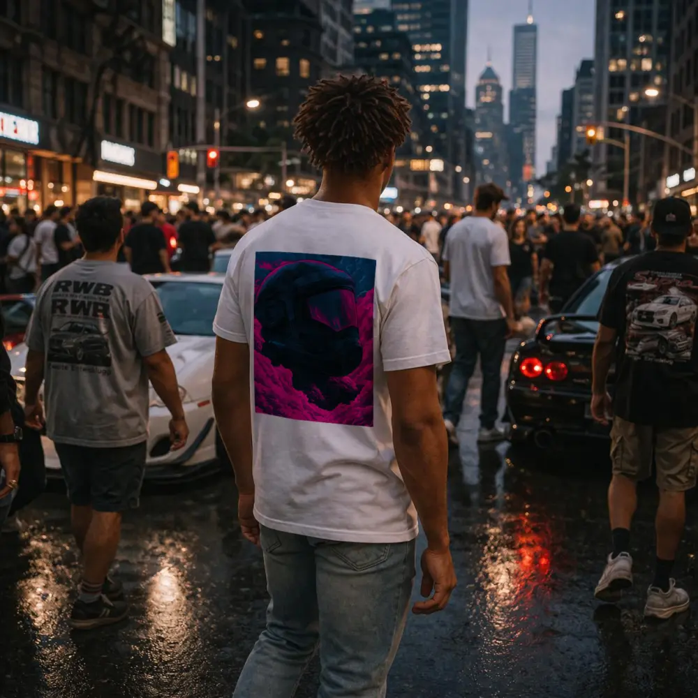 Astronaut Helmet Pink Neon Dark Clouds – T-Shirts