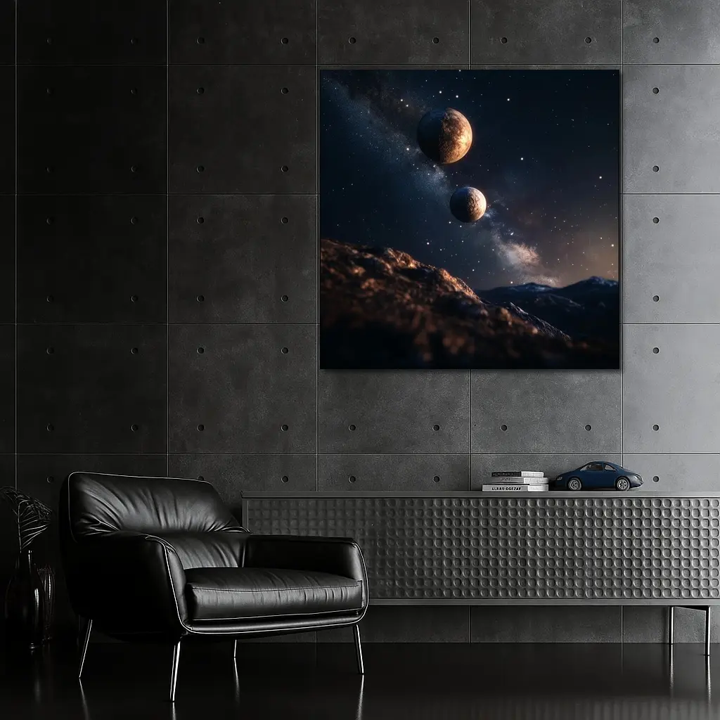 Two Planets Over Rocky Alien Landscape Night – Wall Art