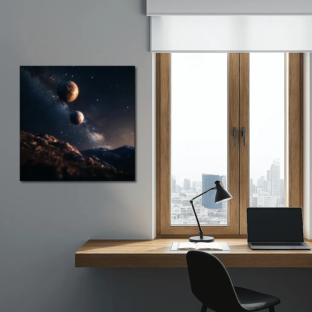 Two Planets Over Rocky Alien Landscape Night – Wall Art
