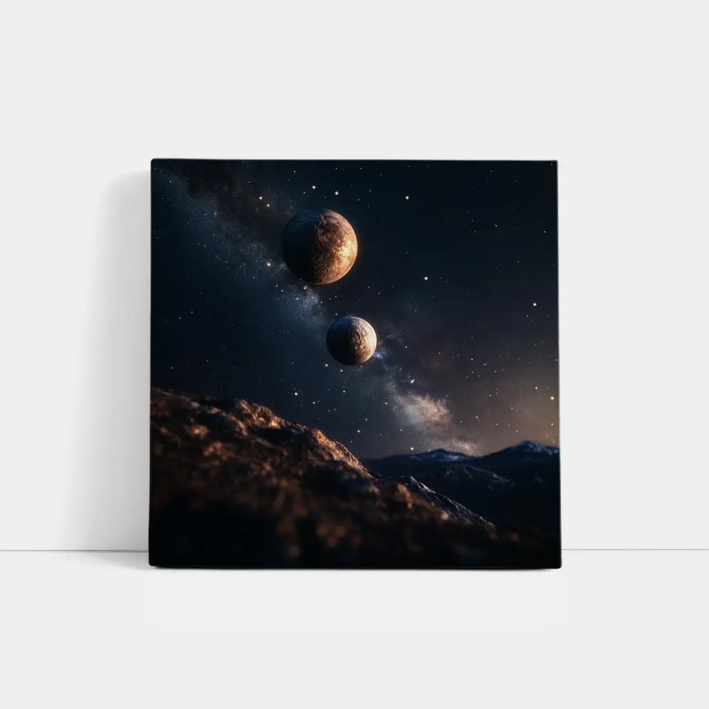 Two Planets Over Rocky Alien Landscape Night – Wall Art