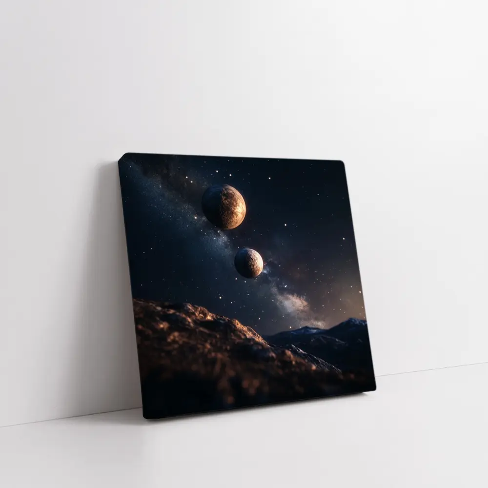 Two Planets Over Rocky Alien Landscape Night – Wall Art