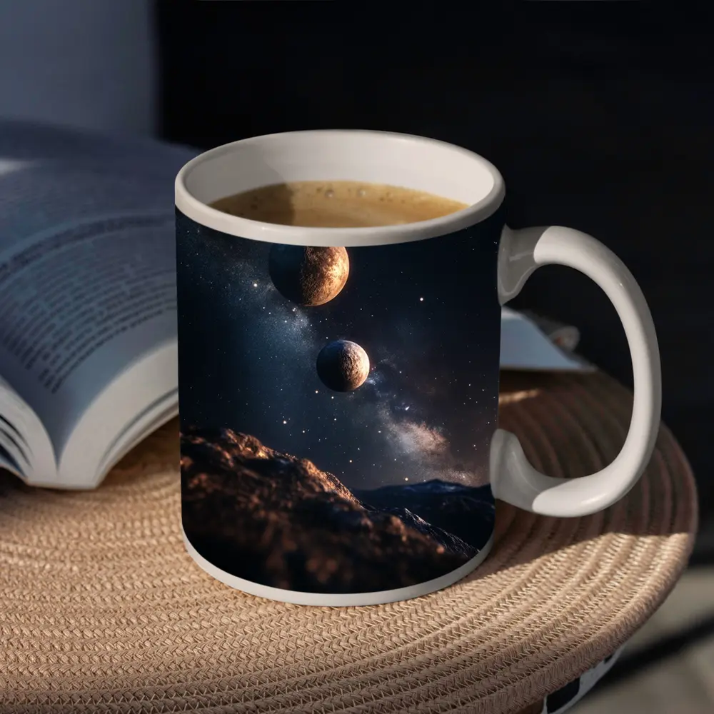 Two Planets Over Rocky Alien Landscape Night – Mugs