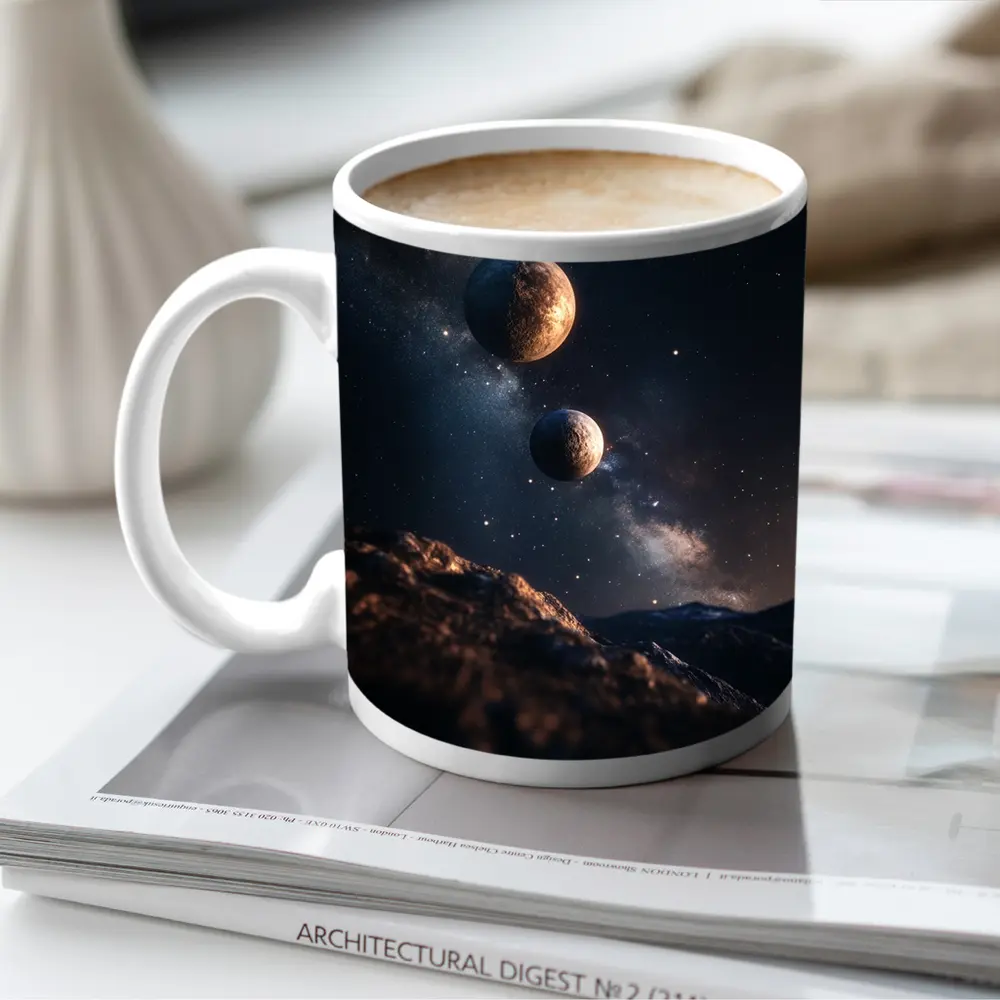 Two Planets Over Rocky Alien Landscape Night – Mugs