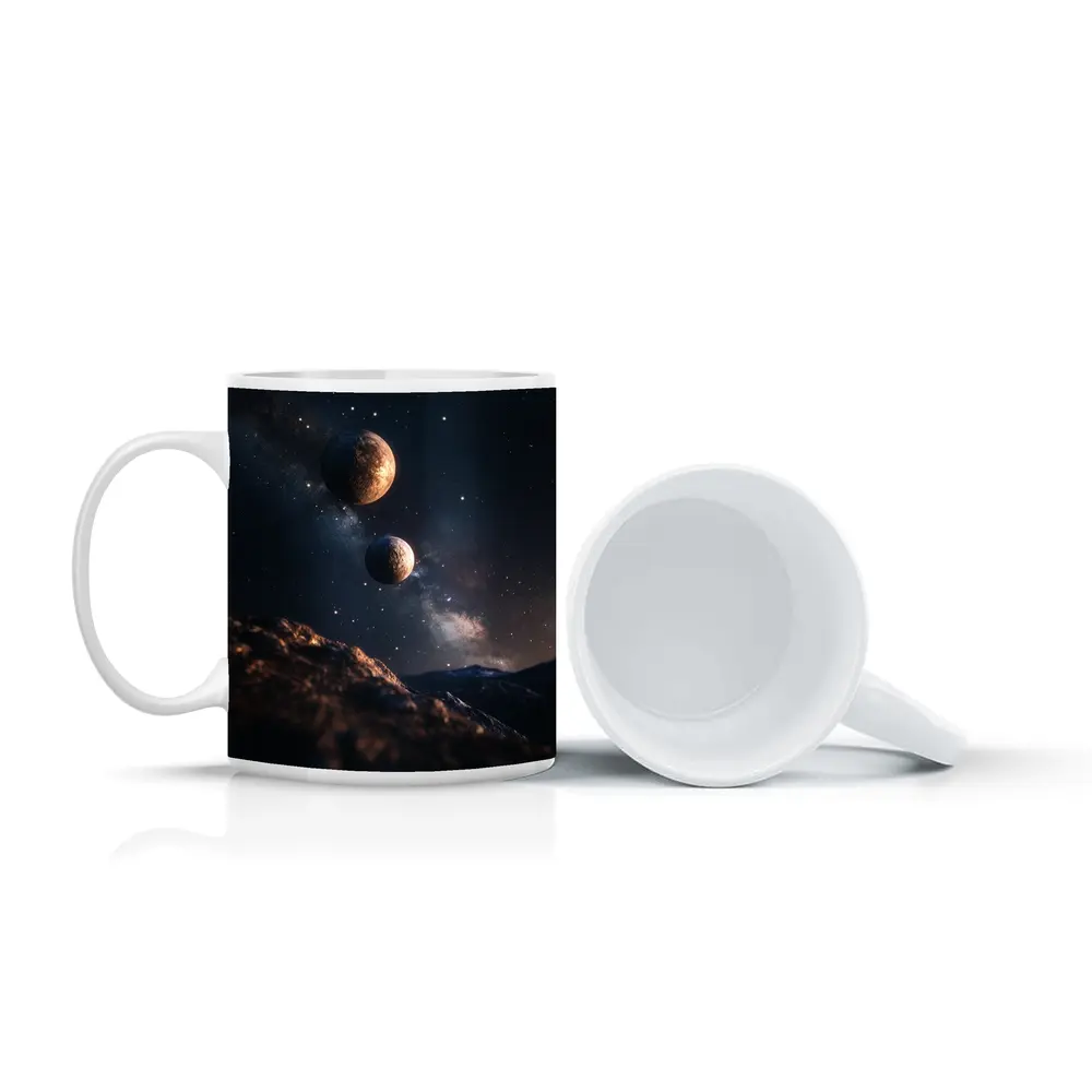 Two Planets Over Rocky Alien Landscape Night – Mugs
