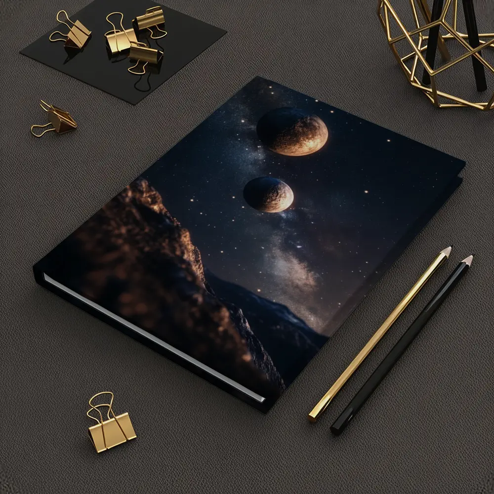 Two Planets Over Rocky Alien Landscape Night – Notebooks