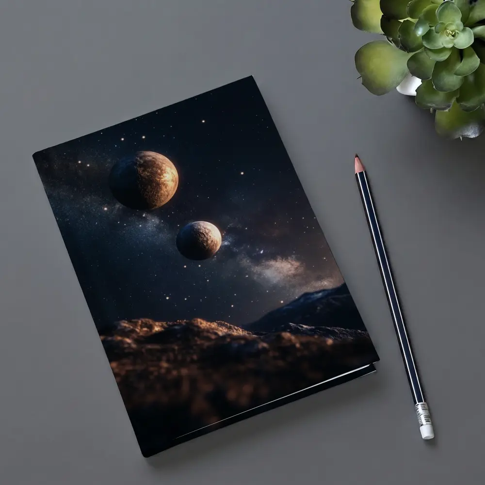 Two Planets Over Rocky Alien Landscape Night – Notebooks