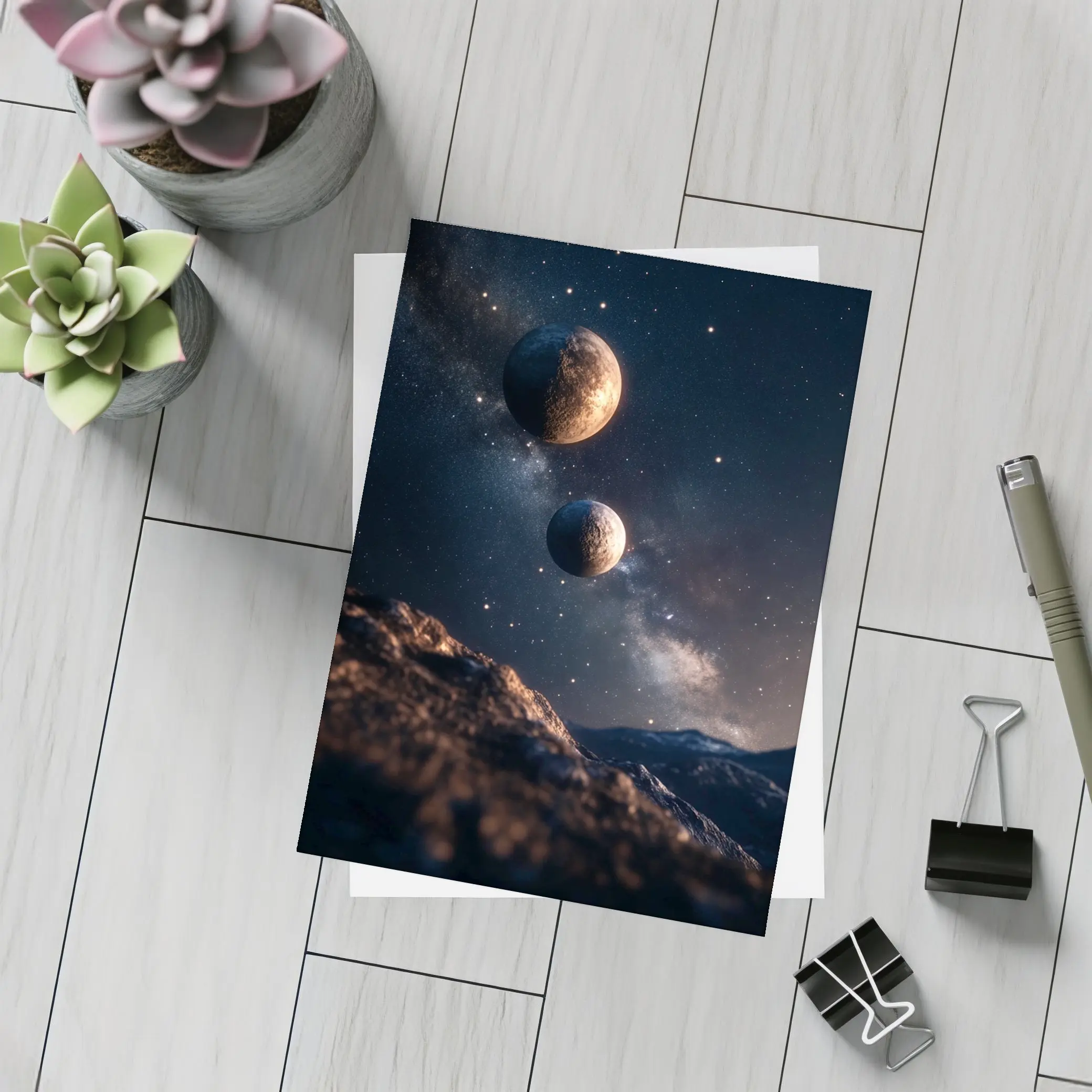 Two Planets Over Rocky Alien Landscape Night – Postcards