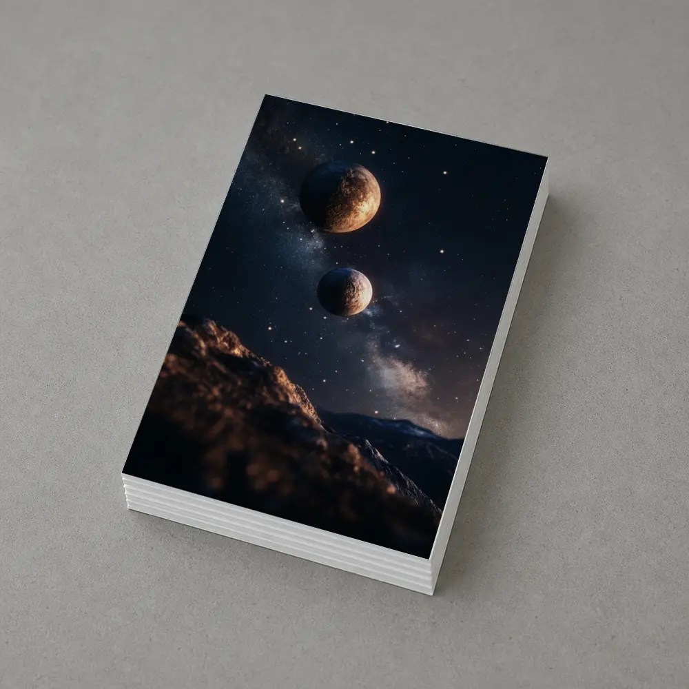 Two Planets Over Rocky Alien Landscape Night – Postcards