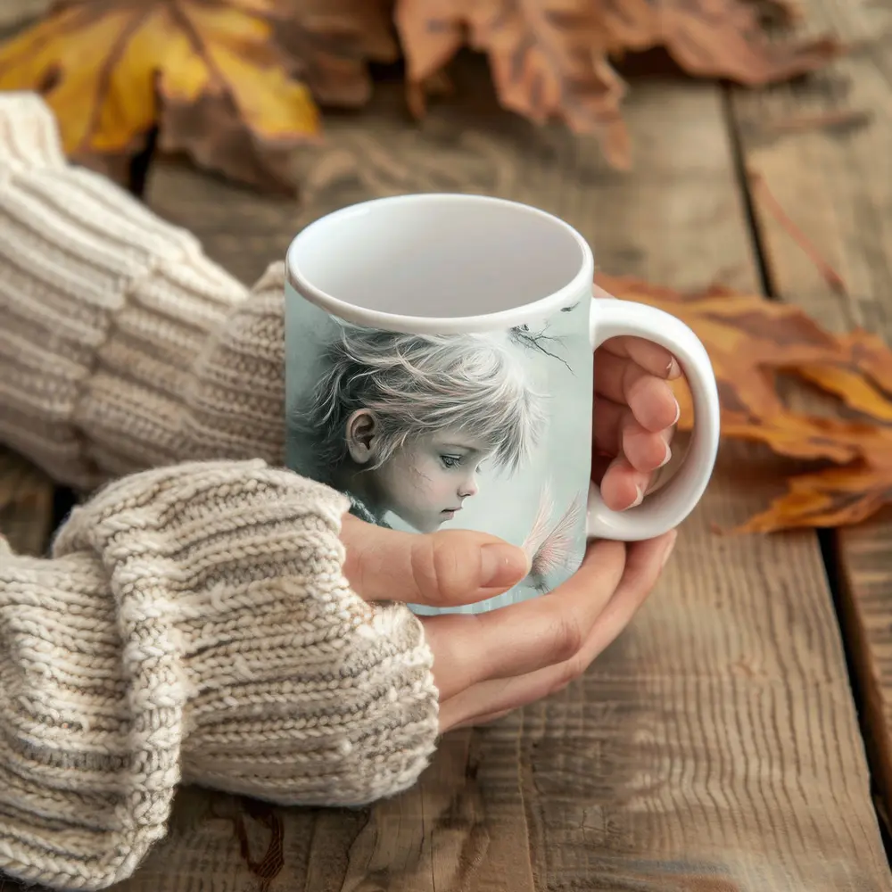 Dreamy Boy With White Bird Fantasy Art – Mugs