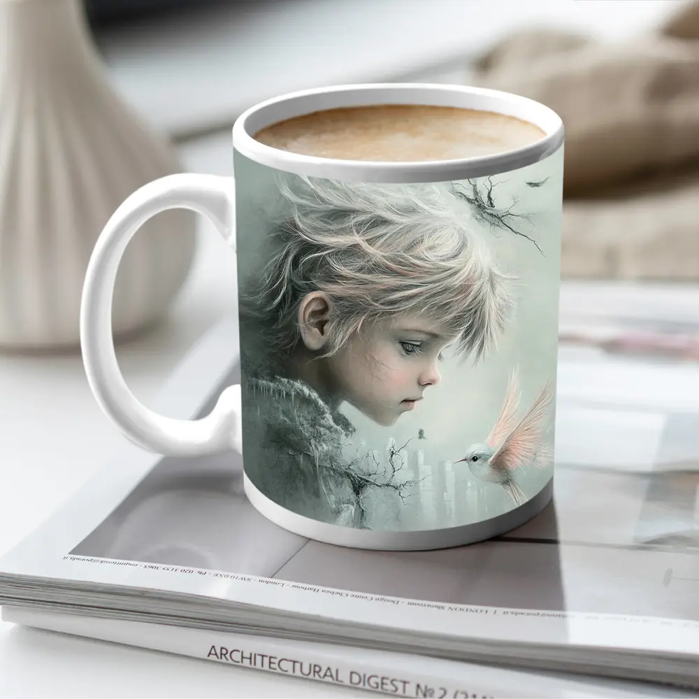 Dreamy Boy With White Bird Fantasy Art – Mugs