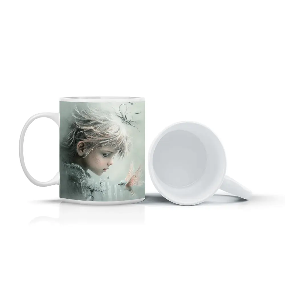 Dreamy Boy With White Bird Fantasy Art – Mugs