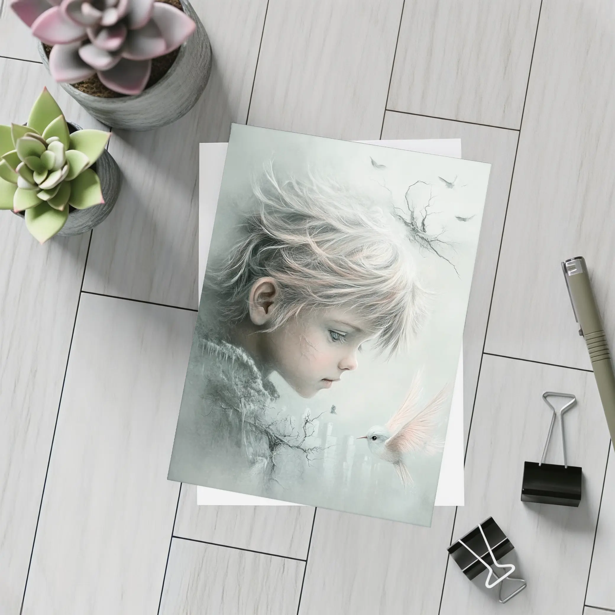Dreamy Boy With White Bird Fantasy Art – Postcards