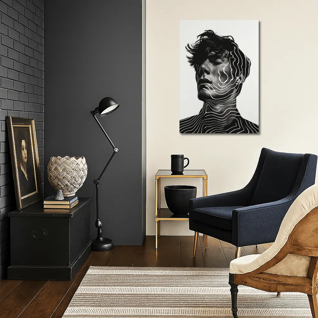 Black White Man Portrait Abstract Line Art – Wall Art
