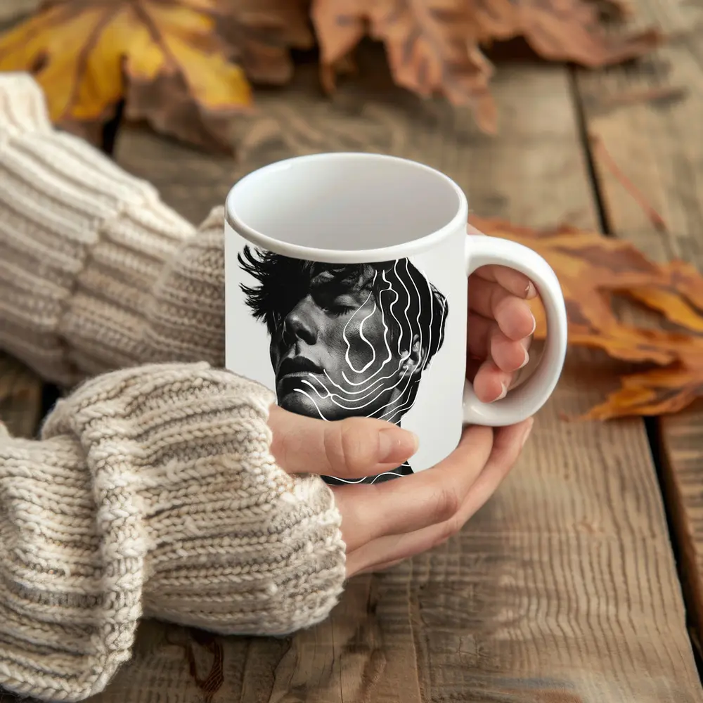 Black White Man Portrait Abstract Line Art – Mugs
