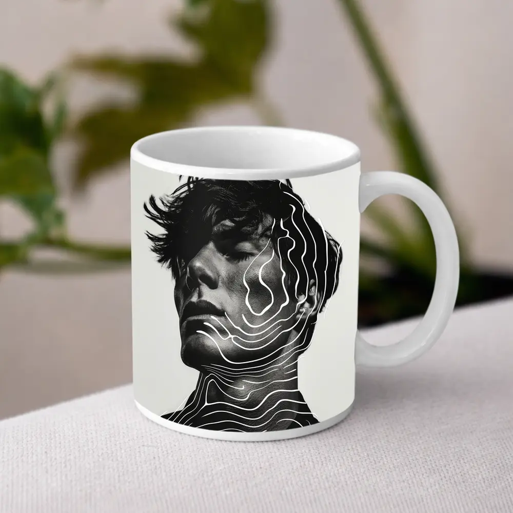 Black White Man Portrait Abstract Line Art – Mugs