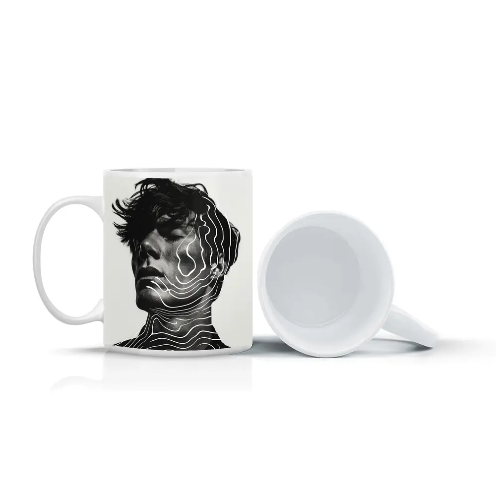Black White Man Portrait Abstract Line Art – Mugs