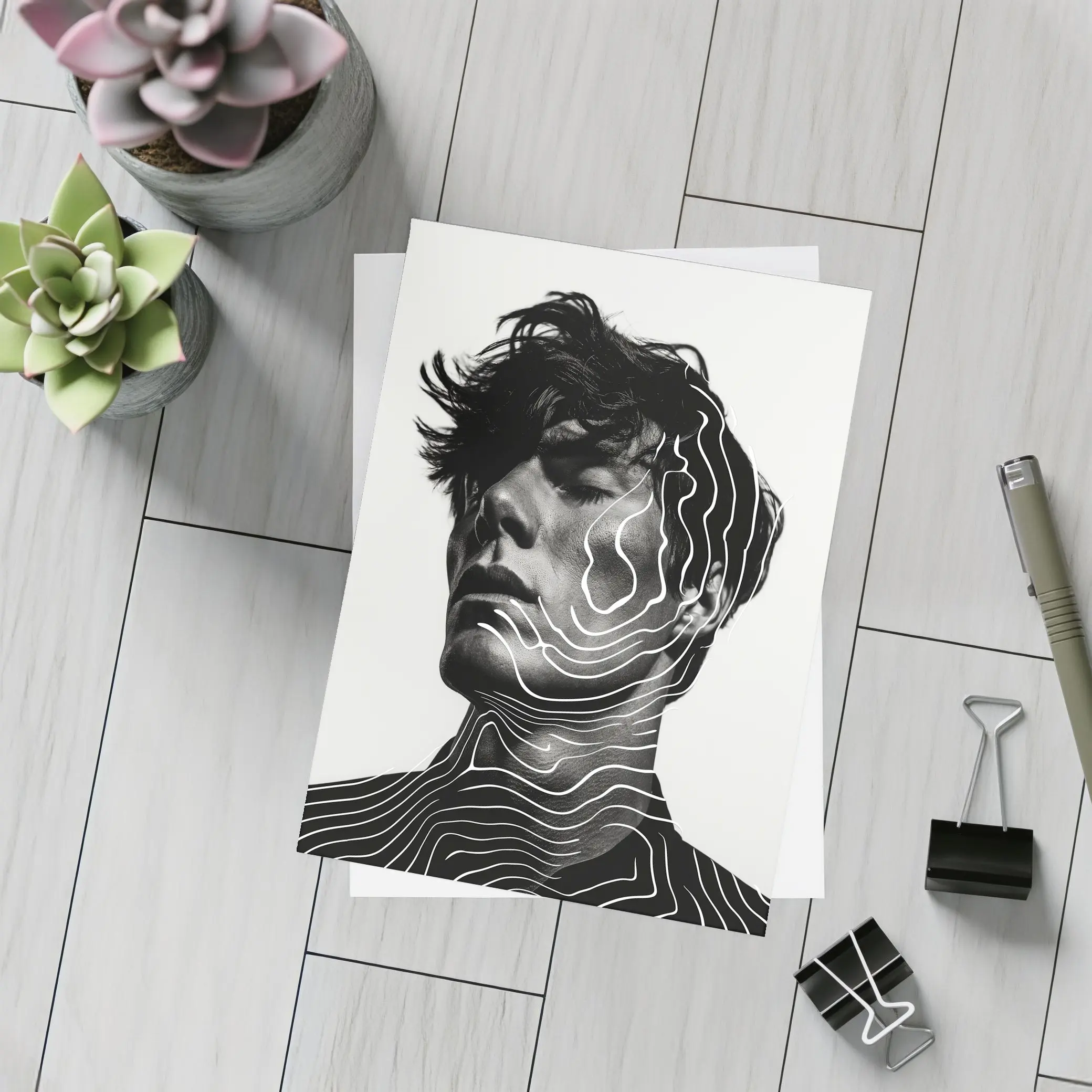 Black White Man Portrait Abstract Line Art – Postcards