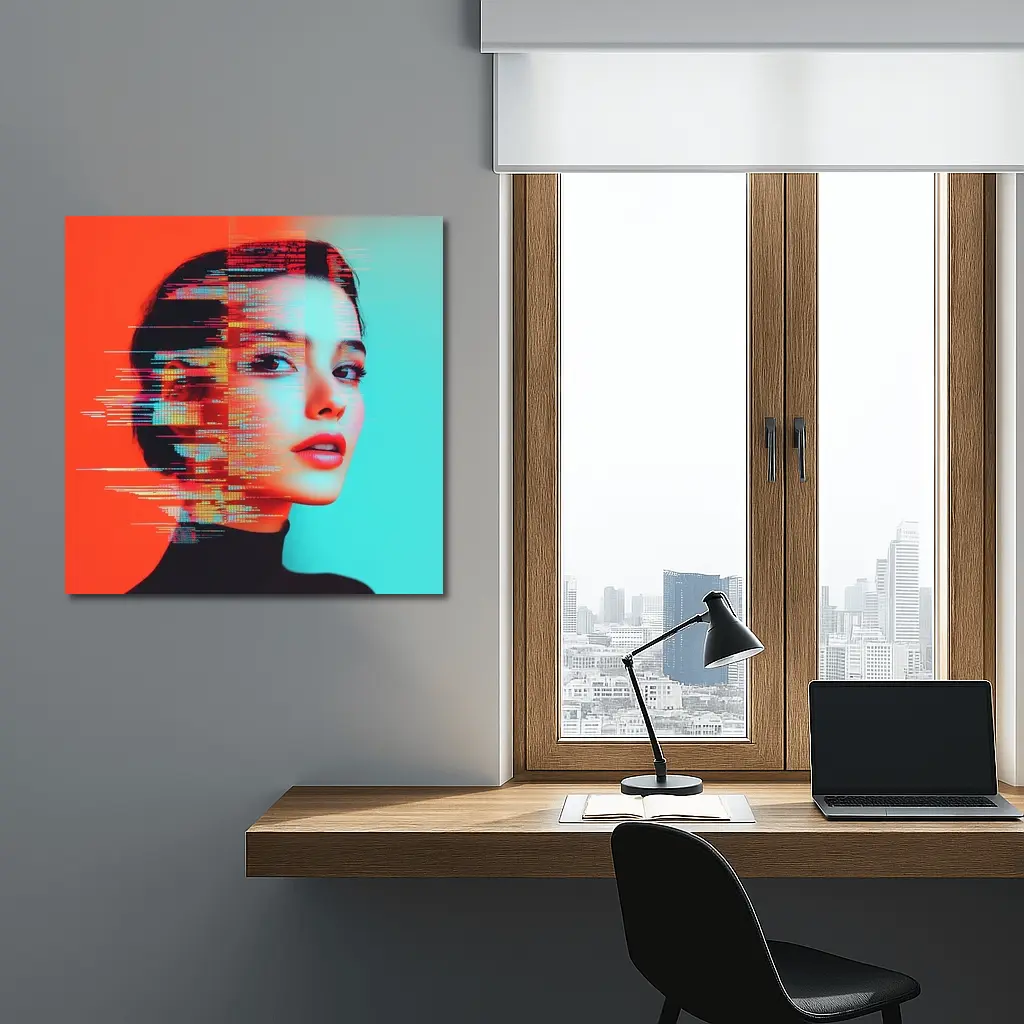 Woman Portrait Glitch Art Red Teal – Wall Art