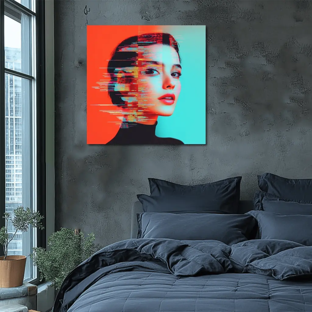 Woman Portrait Glitch Art Red Teal – Wall Art