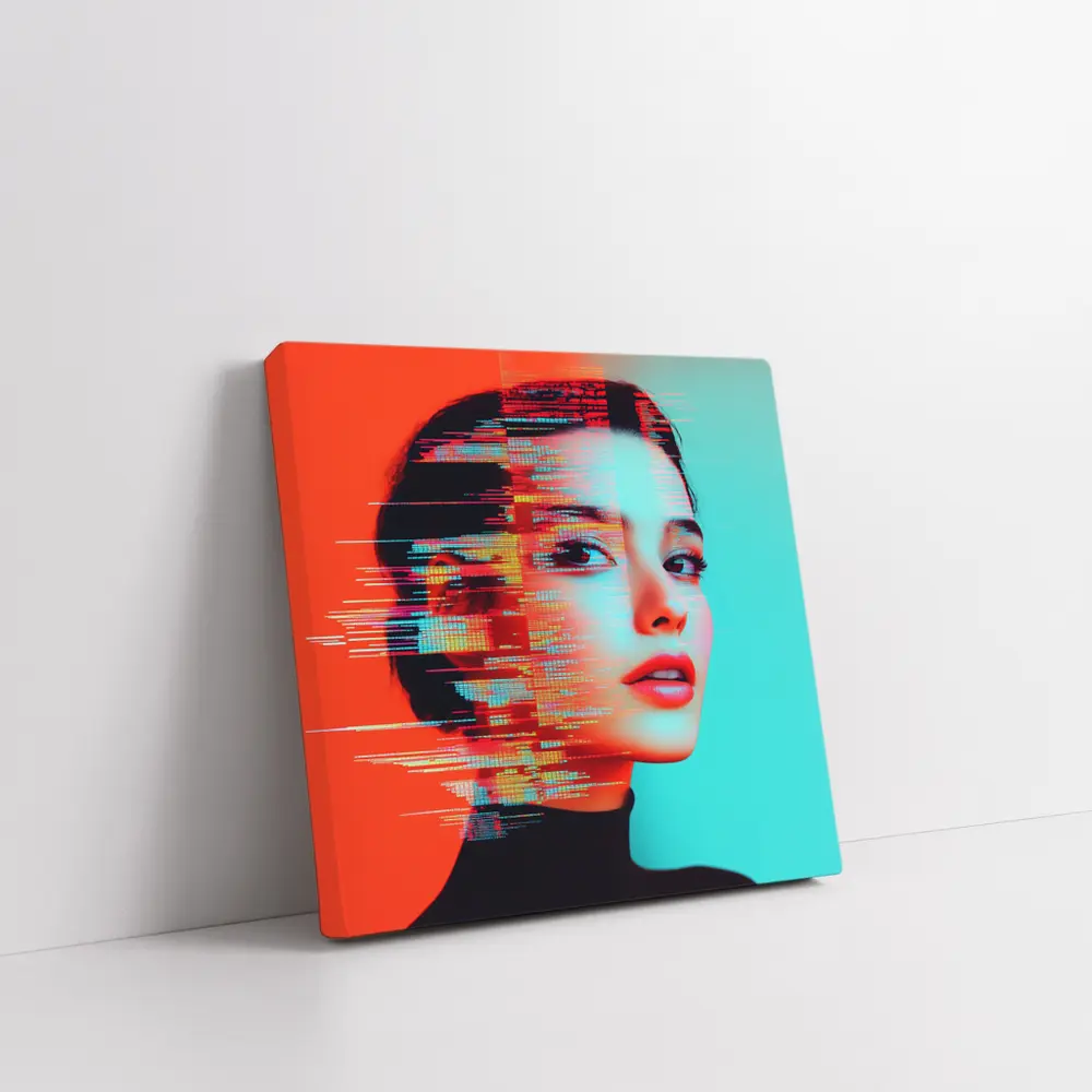Woman Portrait Glitch Art Red Teal – Wall Art