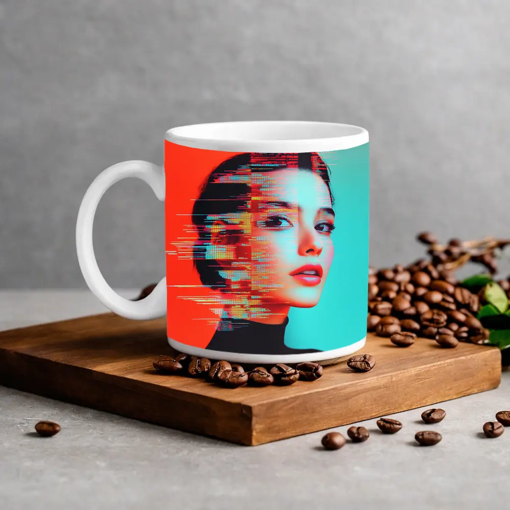 Woman Portrait Glitch Art Red Teal – Mugs