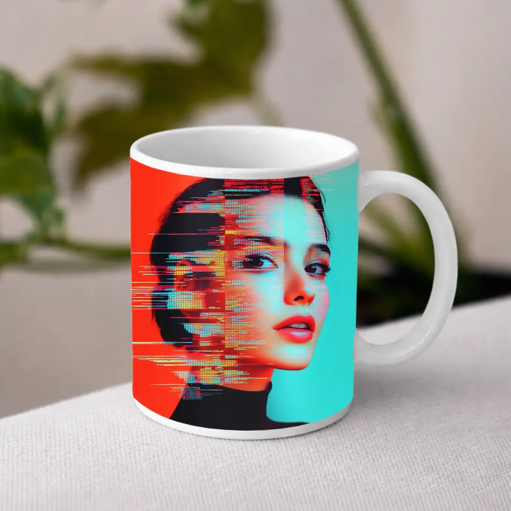Woman Portrait Glitch Art Red Teal – Mugs