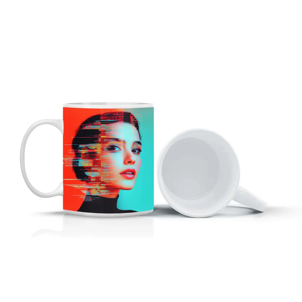 Woman Portrait Glitch Art Red Teal – Mugs