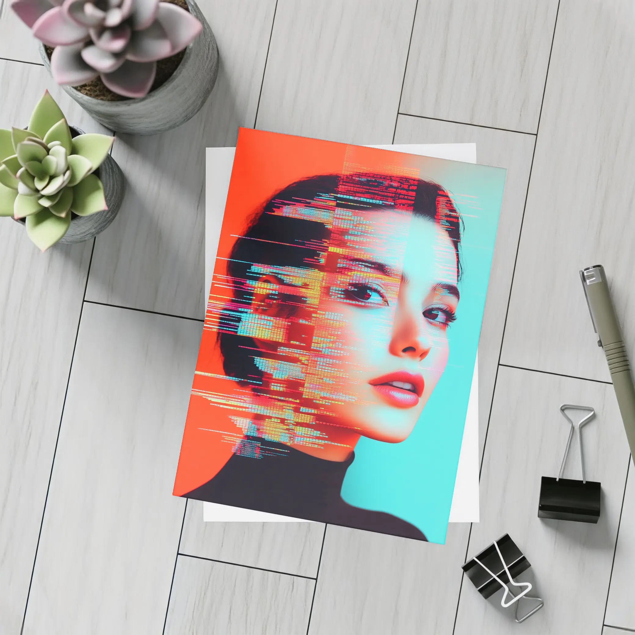 Woman Portrait Glitch Art Red Teal – Postcards