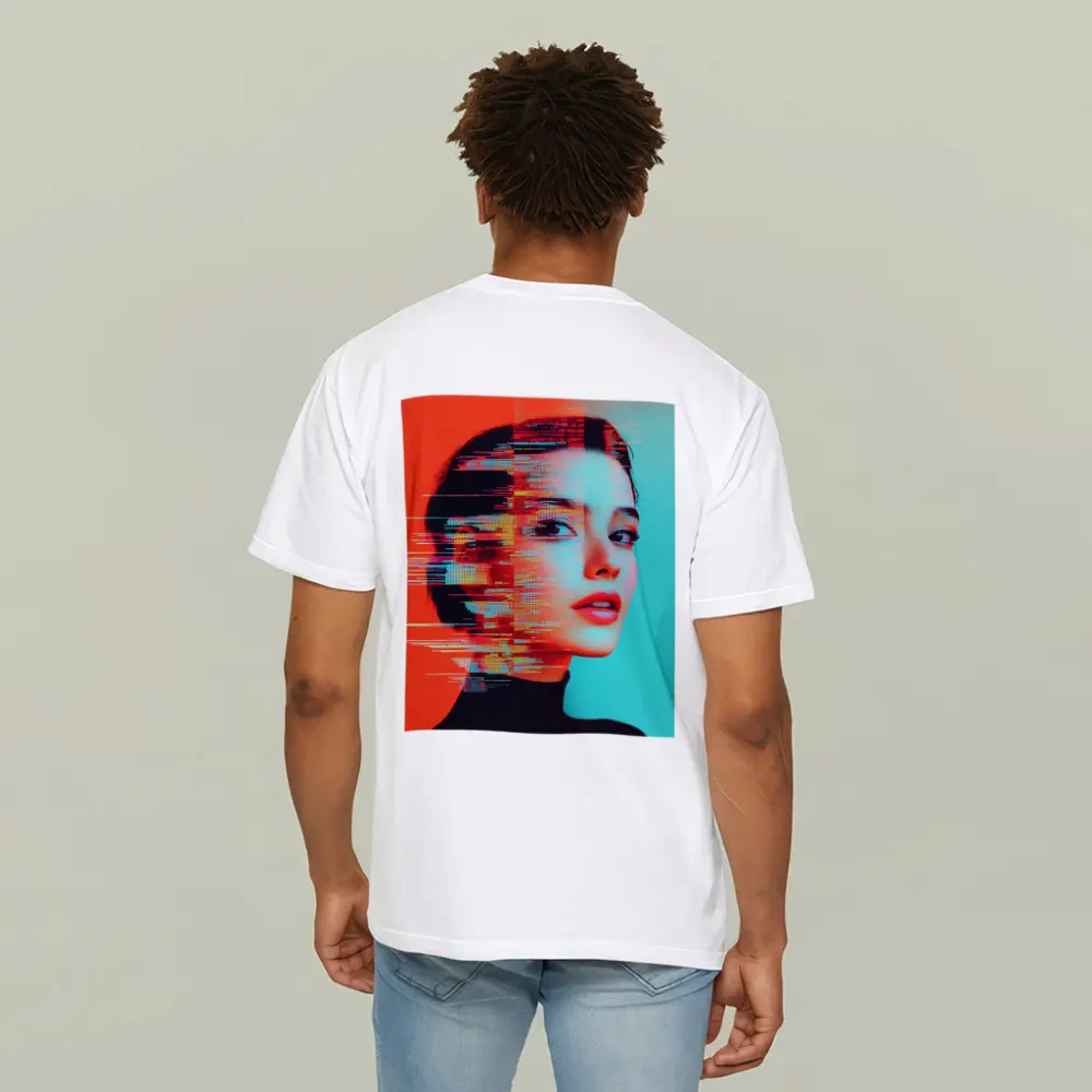 Woman Portrait Glitch Art Red Teal – T-Shirts