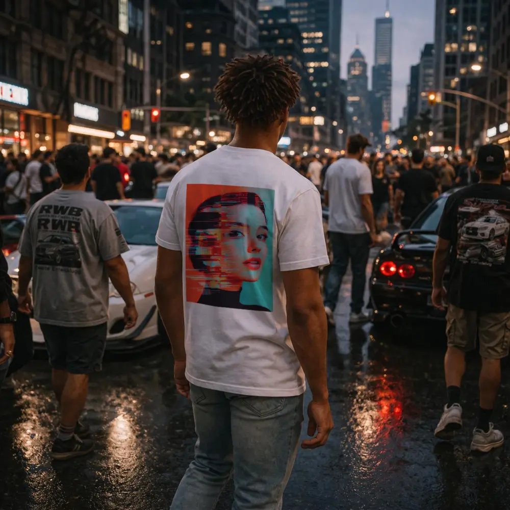 Woman Portrait Glitch Art Red Teal – T-Shirts