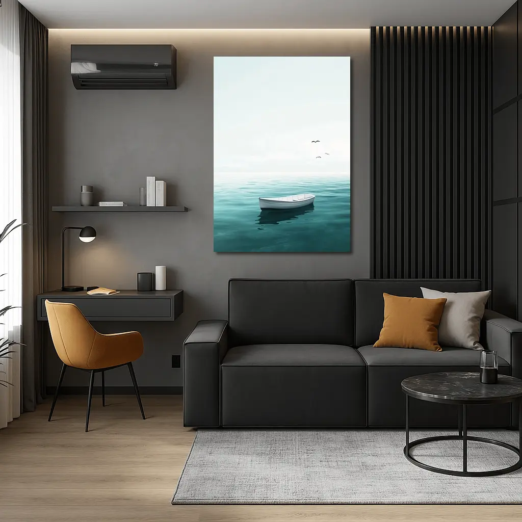 White Rowboat Floating Calm Teal Ocean – Wall Art
