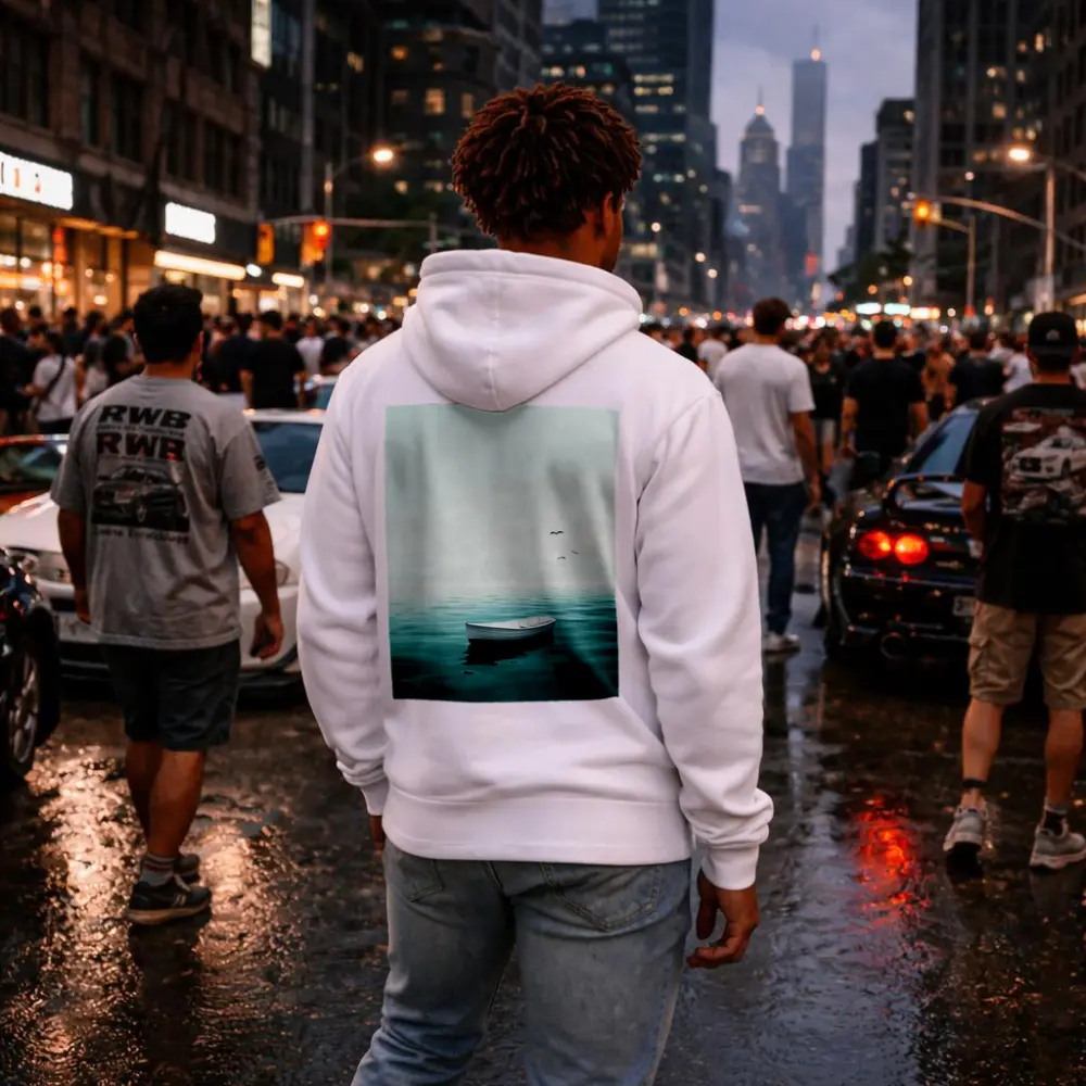 White Rowboat Floating Calm Teal Ocean – Hoodies