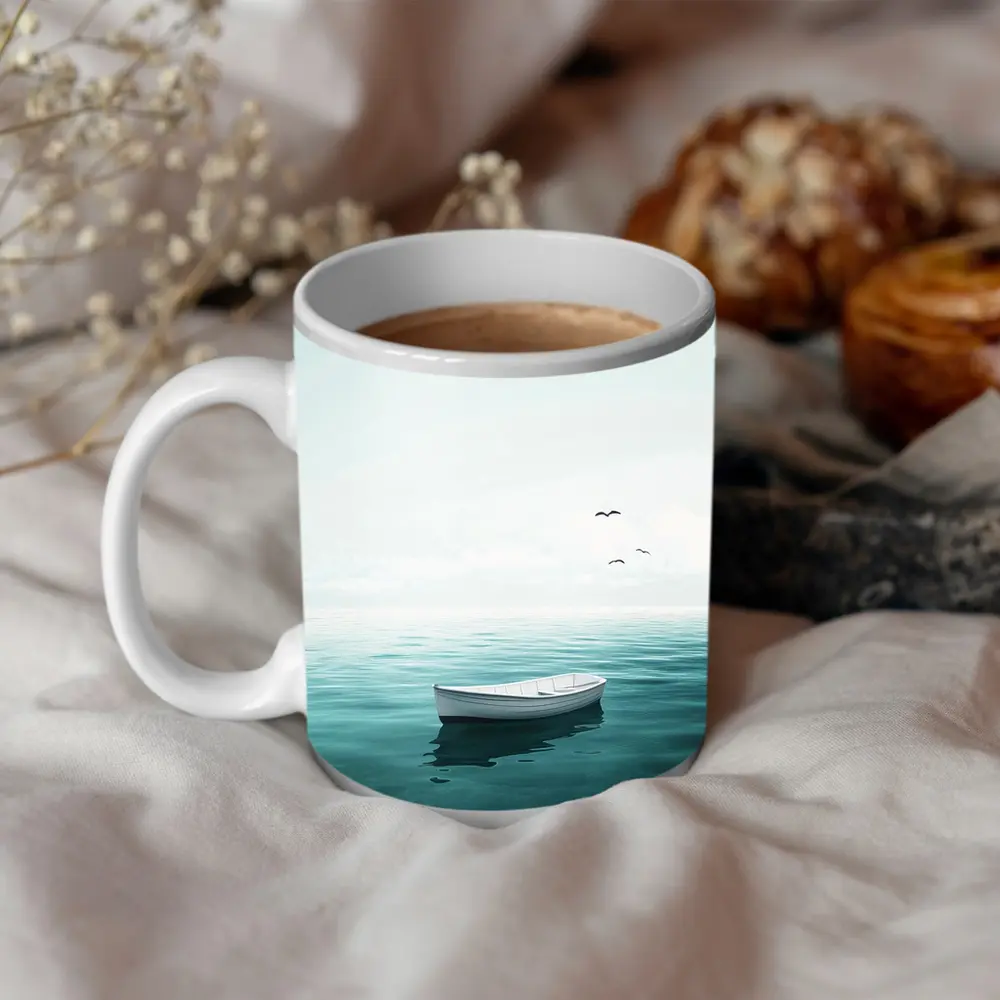 White Rowboat Floating Calm Teal Ocean – Mugs