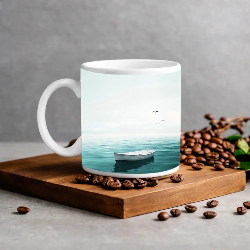 White Rowboat Floating Calm Teal Ocean – Mugs