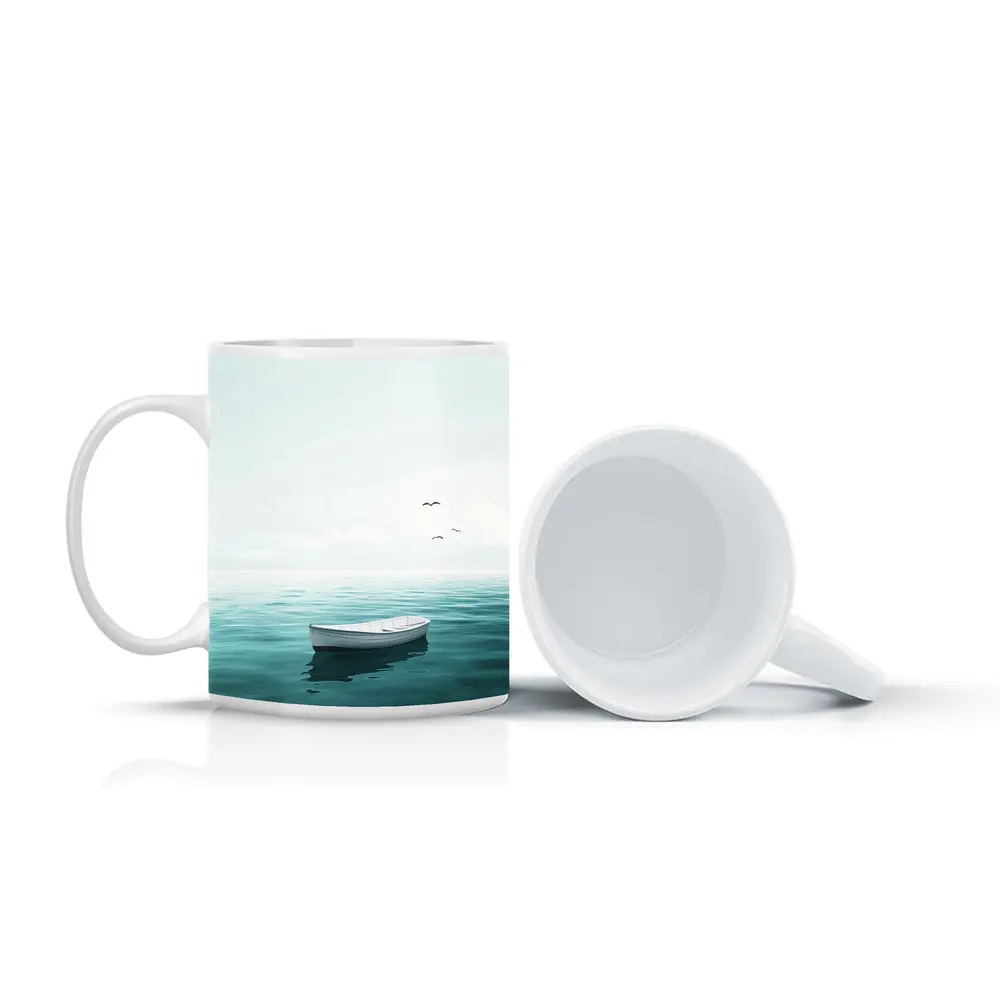 White Rowboat Floating Calm Teal Ocean – Mugs