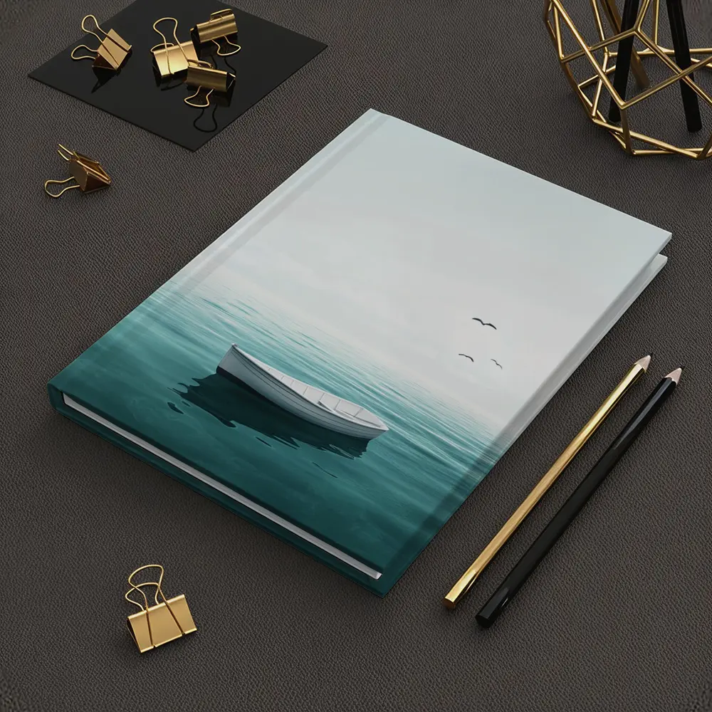 White Rowboat Floating Calm Teal Ocean – Notebooks